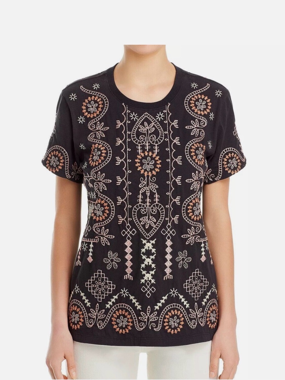 Johnny Was Faye Crew Neck Embroidered Cotton Jersey T-Shirt Tee Black Size Small